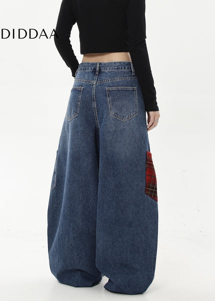 Multicolor Contrast Plaid Wide-Legged Cargo Pants - Women’s Jeans