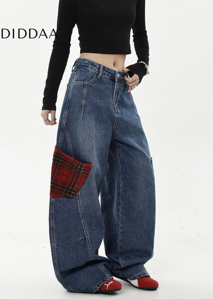 Multicolor Contrast Plaid Wide-Legged Cargo Pants - Women’s Jeans