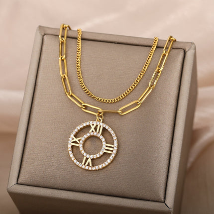Numeral Pendant Necklace | Gold Roman Numerals Zirconia Chain - Gold - Necklaces