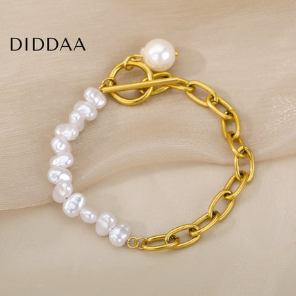 Ordre Bracelet | Gold Half Pearl Chain Link Bracelet - Gold - Bracelets