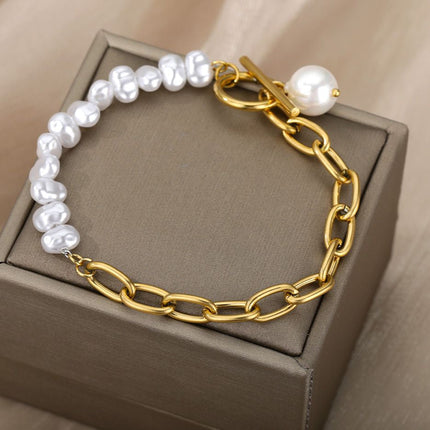 Ordre Bracelet | Gold Half Pearl Chain Link Bracelet - Gold - Bracelets