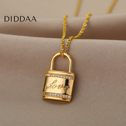 Ouvrir Pendant Necklace | Gold Love Lock Zirconia Chain - Necklaces