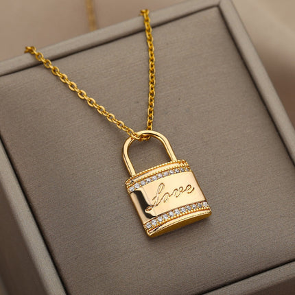 Ouvrir Pendant Necklace | Gold Love Lock Zirconia Chain - Gold - Necklaces
