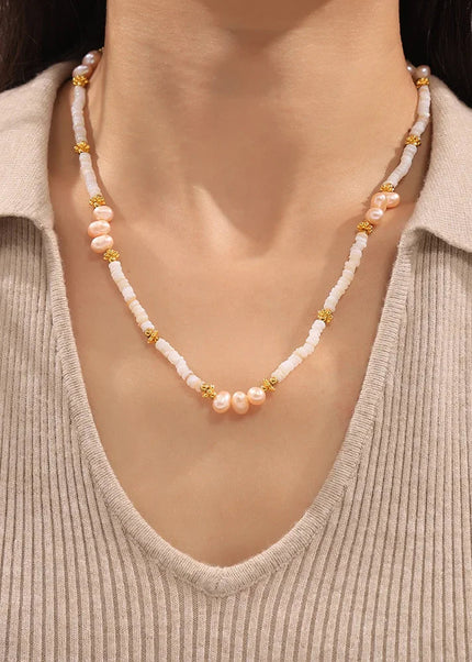 Baroque natural freshwater pearl shell beaded necklace light luxury design titanium steel plated 18k gold clavicle chain