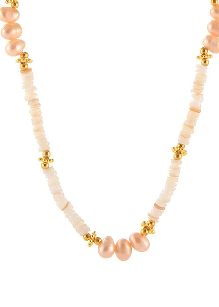 Baroque natural freshwater pearl shell beaded necklace light luxury design titanium steel plated 18k gold clavicle chain