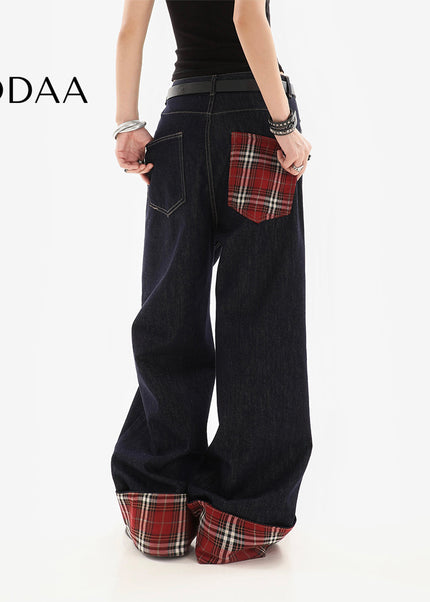 Plaid Stitched Loose Straight Wide-Leg Jeans for Women - S / Dark Blue - Women’s Jeans