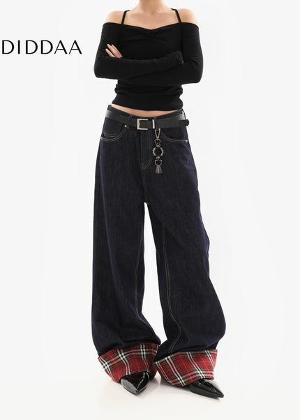 Plaid Stitched Loose Straight Wide-Leg Jeans for Women - Women’s Jeans