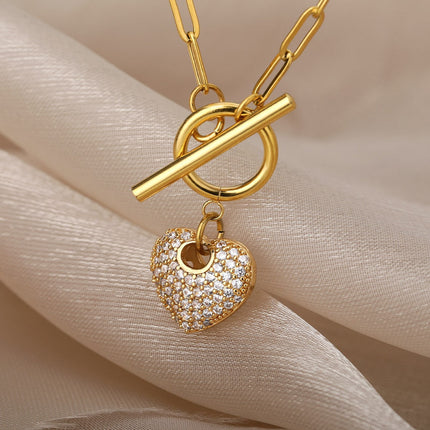 Poule Pendant Necklace | Gold Zirconia Love Heart Chain - Gold - Necklaces