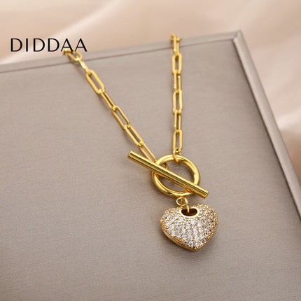 Poule Pendant Necklace | Gold Zirconia Love Heart Chain - Gold - Necklaces