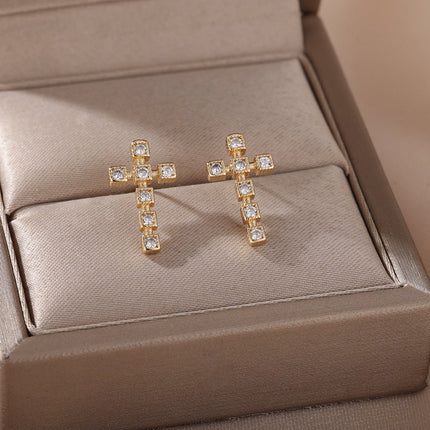 SOUVOIR 14K Gold Plated, Zirconia Earrings Puero Earrings | Gold Cross Zirconia Stud Earrings