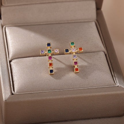 SOUVOIR 14K Gold Plated, Zirconia Earrings Puero Earrings | Gold Cross Zirconia Stud Earrings