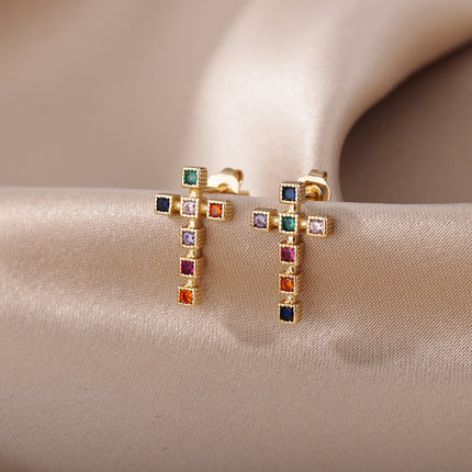 SOUVOIR Multicolor 14K Gold Plated, Zirconia Earrings Puero Earrings | Gold Cross Zirconia Stud Earrings
