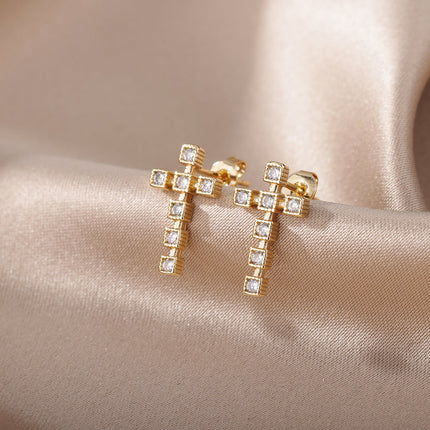 SOUVOIR White 14K Gold Plated, Zirconia Earrings Puero Earrings | Gold Cross Zirconia Stud Earrings
