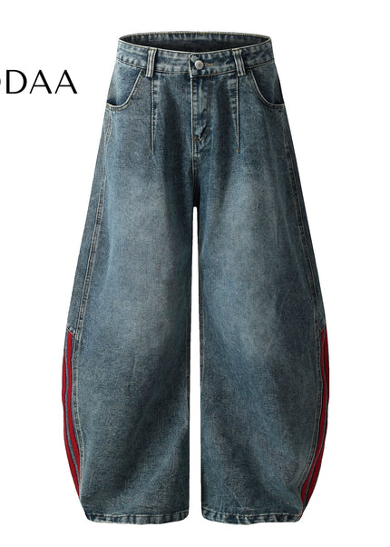 Red-Edged Distressed Loose Wide-Leg Jeans - S / Dark Blue - Women’s Jeans