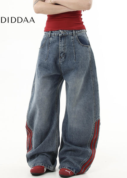 Red-Edged Distressed Loose Wide-Leg Jeans - Women’s Jeans