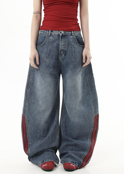 Red-Edged Distressed Loose Wide-Leg Jeans - Women’s Jeans
