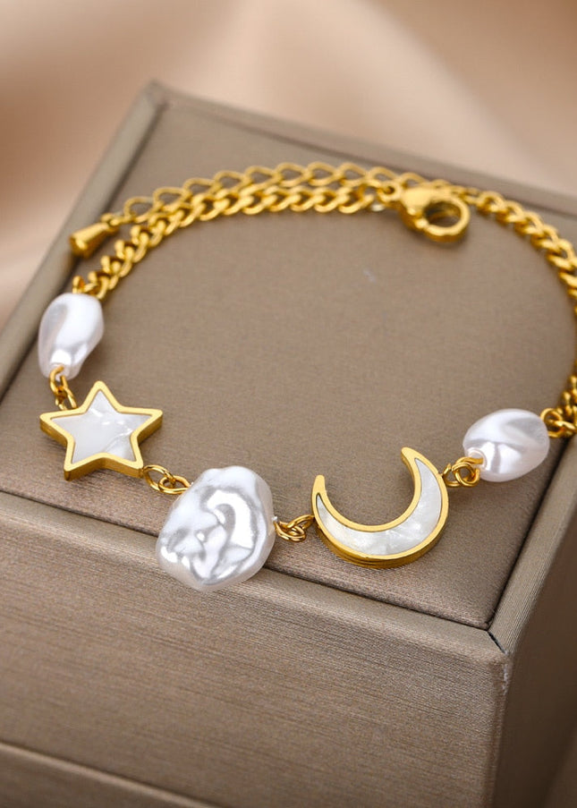 Revendra Bracelet | Gold Moon & Stars Pearl Bracelet - Gold - Bracelets