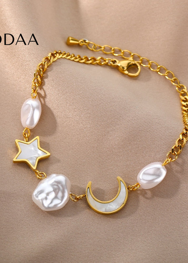 Revendra Bracelet | Gold Moon & Stars Pearl Bracelet - Gold - Bracelets