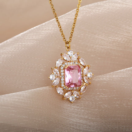 Rhinestone Pendant Necklace | Gold Pink Stone Zirconia Luxury Chain - Necklaces