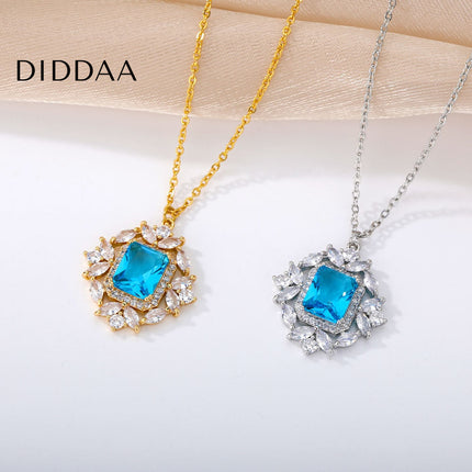Rhinestone Pendant Necklace | Gold Pink Stone Zirconia Luxury Chain - Blue / Gold - Necklaces