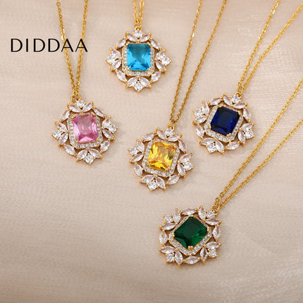 Rhinestone Pendant Necklace | Gold Pink Stone Zirconia Luxury Chain - Necklaces