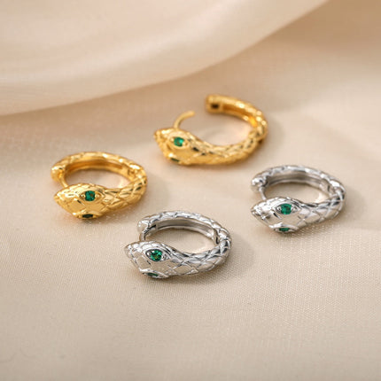 Rouge Earrings | Gold Silver Green Eyes Snake Animal Hoop Earrings - Green / Gold - Earrings