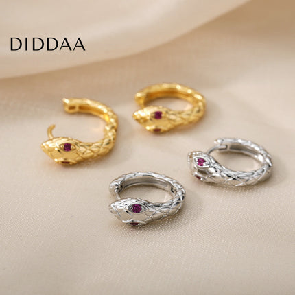 Rouge Earrings | Gold Silver Green Eyes Snake Animal Hoop Earrings - Red / Silver - Earrings