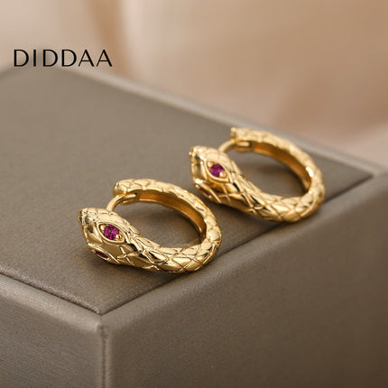 Rouge Earrings | Gold Silver Green Eyes Snake Animal Hoop Earrings - Red / Gold - Earrings