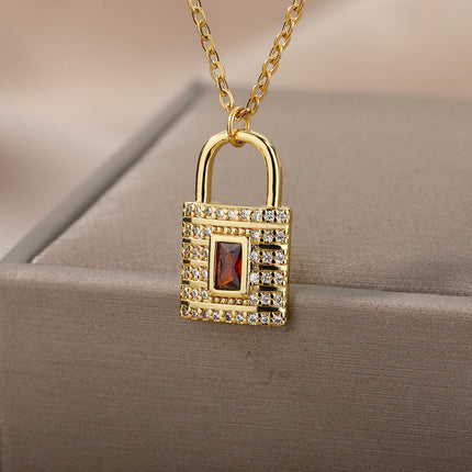 SOUVOIR Gold 14K Gold Plated, Zirconia Necklaces Safe Pendant Necklace | Gold Zirconia Red Stone Lock Chain