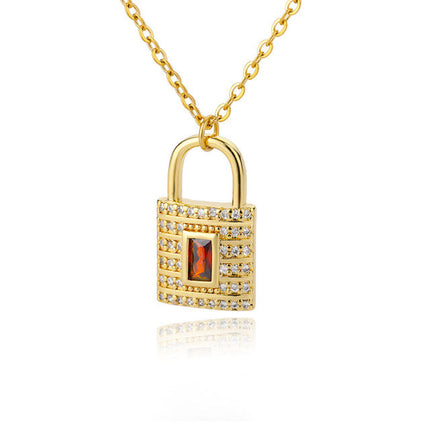 SOUVOIR 14K Gold Plated, Zirconia Necklaces Safe Pendant Necklace | Gold Zirconia Red Stone Lock Chain