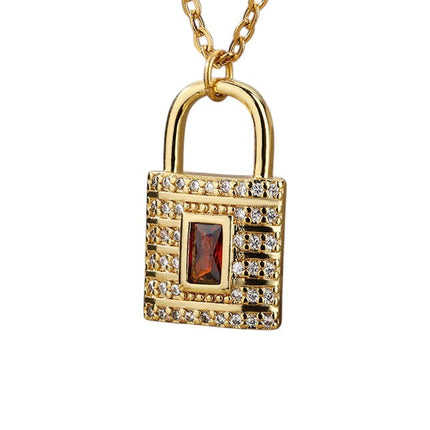 Safe Pendant Necklace | Gold Zirconia Red Stone Lock Chain