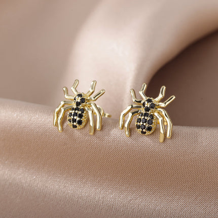 SOUVOIR 14K Gold Plated, Zirconia Earrings Scarlett Earrings | Gold Black Zirconia Spider Stud Earrings