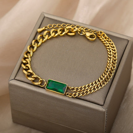 Seconde Bracelet | Gold Zirconia Green Stone Chain Link Bracelet - Gold - Bracelets
