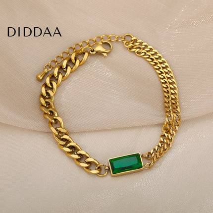 Seconde Bracelet | Gold Zirconia Green Stone Chain Link Bracelet - Gold - Bracelets