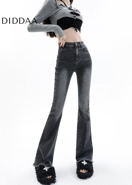 Smoke Gray High Waist Bootcut Jeans with Raw Edge - Women’s Jeans