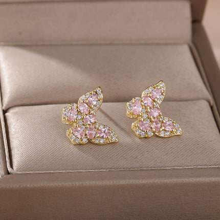 SOUVOIR Pink 14K Gold Plated, Zirconia Earrings Soho Earrings | Gold Zirconia Butterfly Stud Earrings