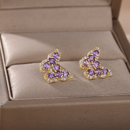 SOUVOIR Purple 14K Gold Plated, Zirconia Earrings Soho Earrings | Gold Zirconia Butterfly Stud Earrings