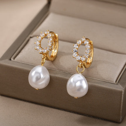 Soumettre Earrings | Gold Zirconia Pearl Hoop Drop Earrings - Gold / A - Earrings