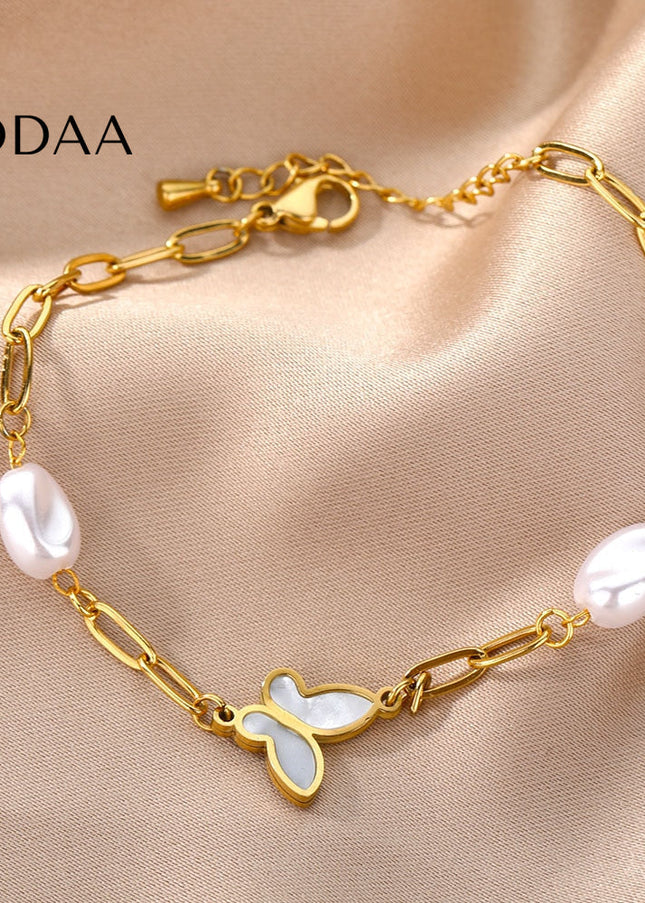 Souvent Bracelet | Gold Pearl Butterfly Simple Bracelet - Gold - Bracelets