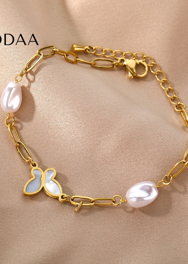 Souvent Bracelet | Gold Pearl Butterfly Simple Bracelet - Gold - Bracelets