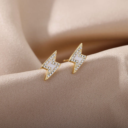 SOUVOIR White 14K Gold Plated, Zirconia Earrings Spark Earrings | Gold White Zirconia Lightning Bolt Stud Earrings