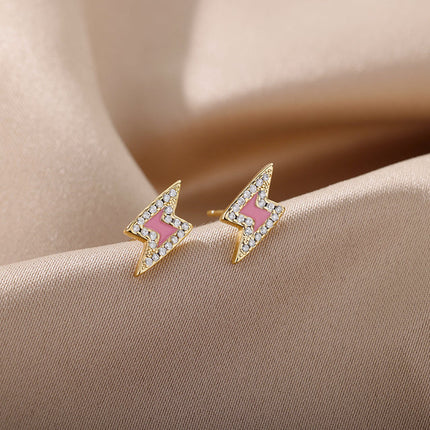 SOUVOIR Pink 14K Gold Plated, Zirconia Earrings Spark Earrings | Gold White Zirconia Lightning Bolt Stud Earrings