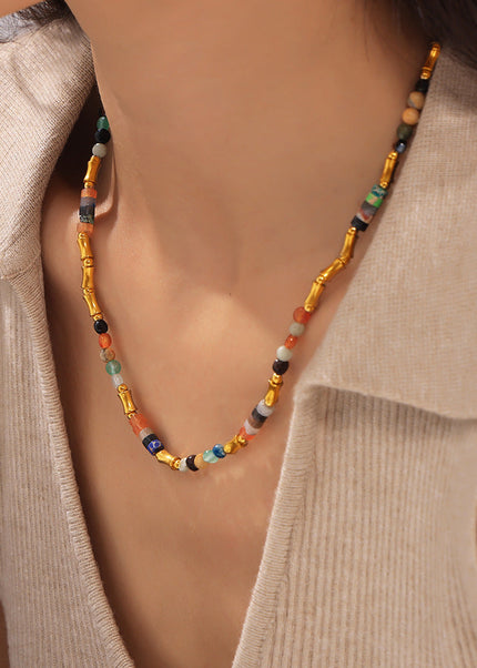 Bohemian dopamine colored natural stone beaded necklace cross-border simple and versatile stainless steel clavicle necklace