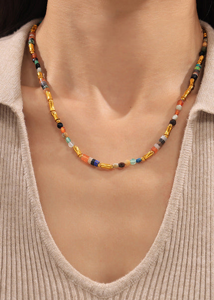 Bohemian dopamine colored natural stone beaded necklace cross-border simple and versatile stainless steel clavicle necklace