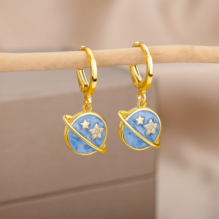 SOUVOIR 1 SOUVOIR Earrings Starstruck Earrings | Gold Blue Star Planet Space Hoop Drop Earrings