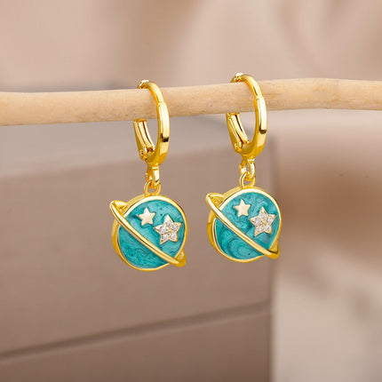 SOUVOIR 2 SOUVOIR Earrings Starstruck Earrings | Gold Blue Star Planet Space Hoop Drop Earrings