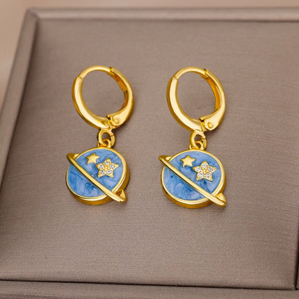 SOUVOIR SOUVOIR Earrings Starstruck Earrings | Gold Blue Star Planet Space Hoop Drop Earrings