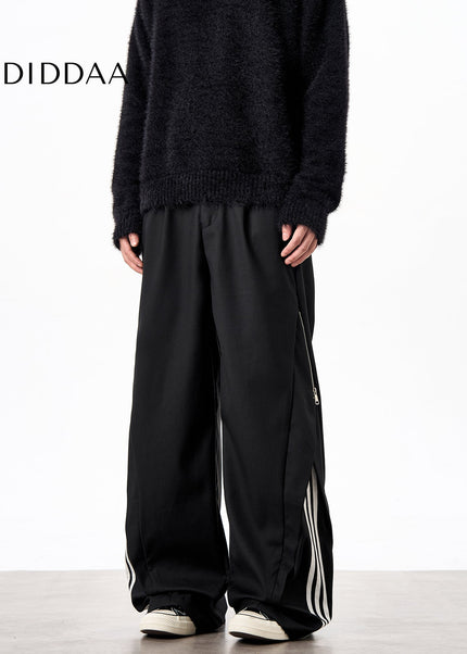 Striped Loose Fit Casual Pants with Side Zipper Design - Unisex Sweatpants