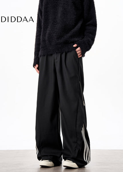 Striped Loose Fit Casual Pants with Side Zipper Design - Unisex Sweatpants