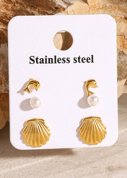 Jieding European and American stainless steel pearl stud earrings high-end dolphin shell earrings, titanium steel jewelry, cross-border earring